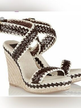 Tory Burch Two Tone Woven Leather Paloma Ankle Strap Espadrille Wedge Sandals